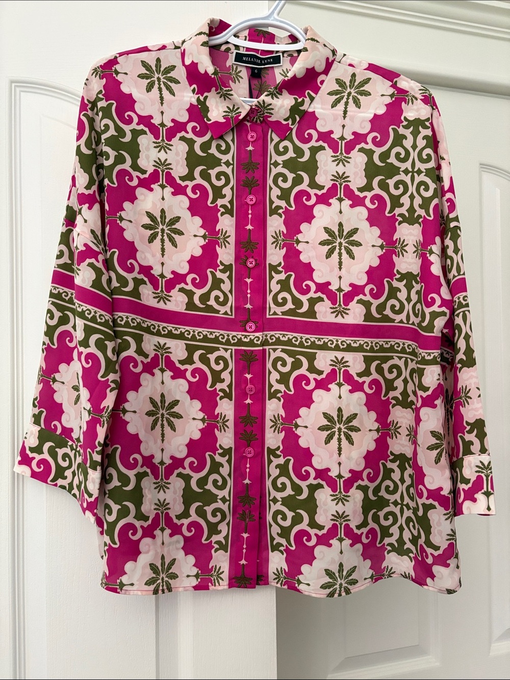 Women’s Printed Button-Front Blouse in Pink and Olive